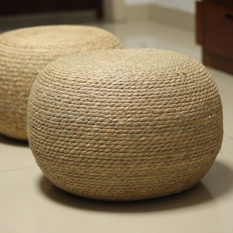 Natural Water Grass Pouf Ottoman Briaded Round Boho Pouf Ottoman Foot Rest Poofs Decor for Bedroom Living Room