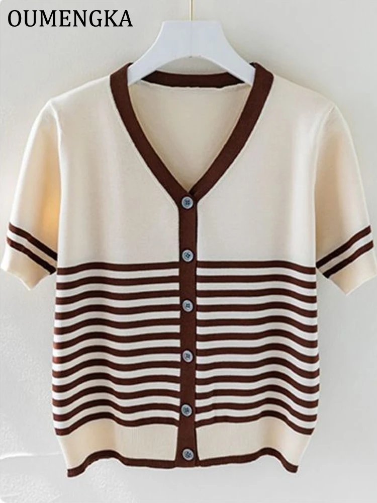 OUMENGKA Striped V Neck Knit Sweater Women's Summer Temperament Short Sleeve Solid Color Versatile Cropped Cardigan Top