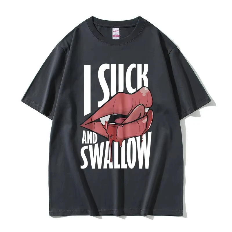 Funny I Suck and Swallow T-shirt Vintage Vampire Graphic Print T Shirts Men Women Casual Oversized Tshirt Halloween Short Sleeve