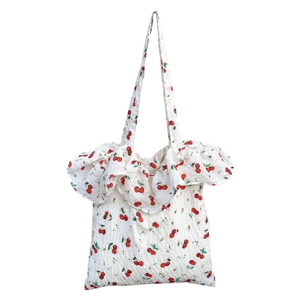 Fashion Flower Chiffon Shoulder Bag Large Capacity Ruffles Mesh Handbag Korean Style Commuting Bag Cherry Tote Bag Women