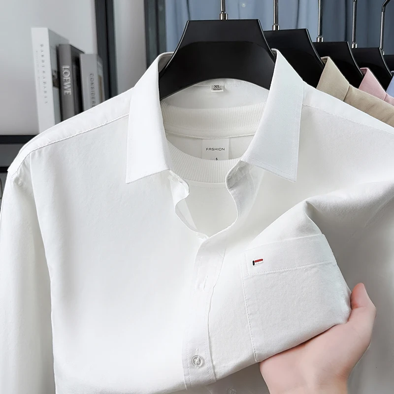 High end 100% cotton long sleeve shirt fashion brand men's new embroidered pocket soft comfort casual business solid color top
