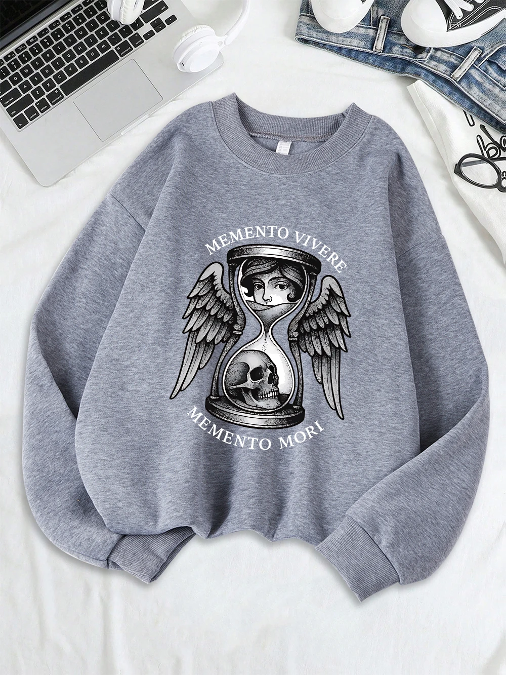Memento Mori Druck Sweatshirts Damen Herbst Fleece Warme Hoodies Crewneck Lose Pullover Lässige Bequeme Damen Kleidung