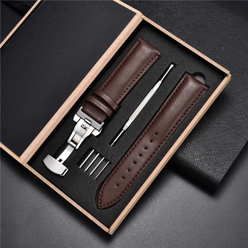 Leather Straps with Box 18mm 20mm 22mm 24mm Strap Stainless Steel Butterfly Buckle Clasp Leather Bracelet Black Brown Wristband