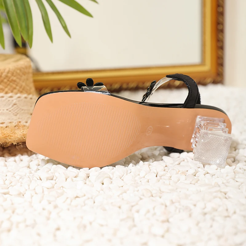 Kcenid Transparent Strange Heels Fashion Crystal Flowers PVC Band Open Toe Elastic Strap Slip On Sandals Women Summer Shoes