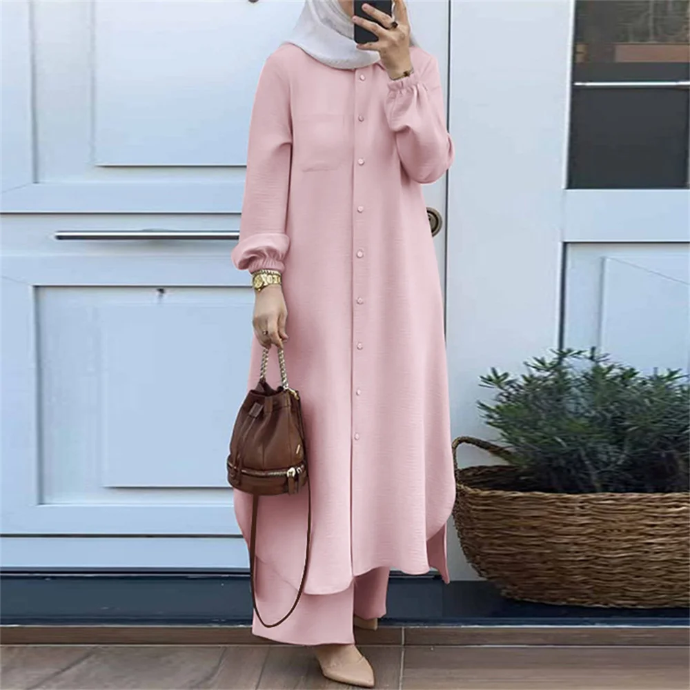 2024 New Abaya 2 Piece Set Vintage Muslim Suit Solid Color Lapel Neck Blouse Pant Ramadan Islamic Clothing Fashion Casual Turkey