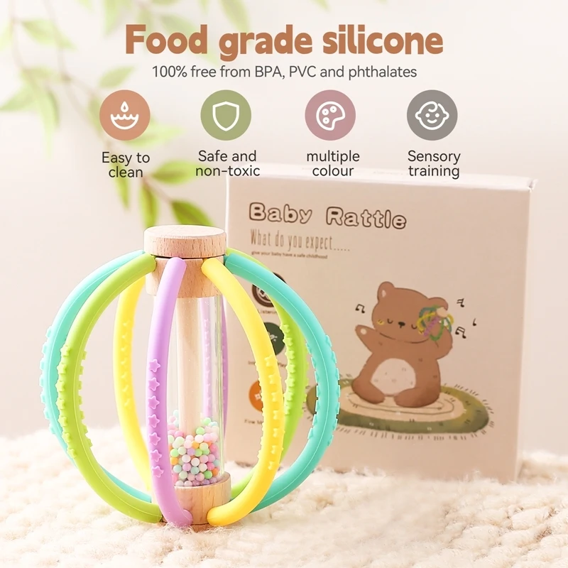 Houten babyrammelaar Regentrommel Siliconen zintuiglijk speelgoed Pasgeboren tandheelkundige zorg Molaire stok Montessori Educatief speelgoed voor baby-peuter