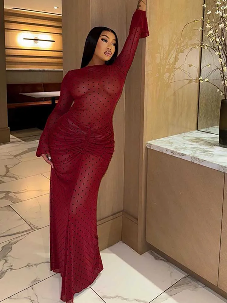 Long Elegant Spring Dresses with Flared Sleeve Dots Printed Evening Red Dresses for Youth Women Valentines Day Dress Sexy - view 4