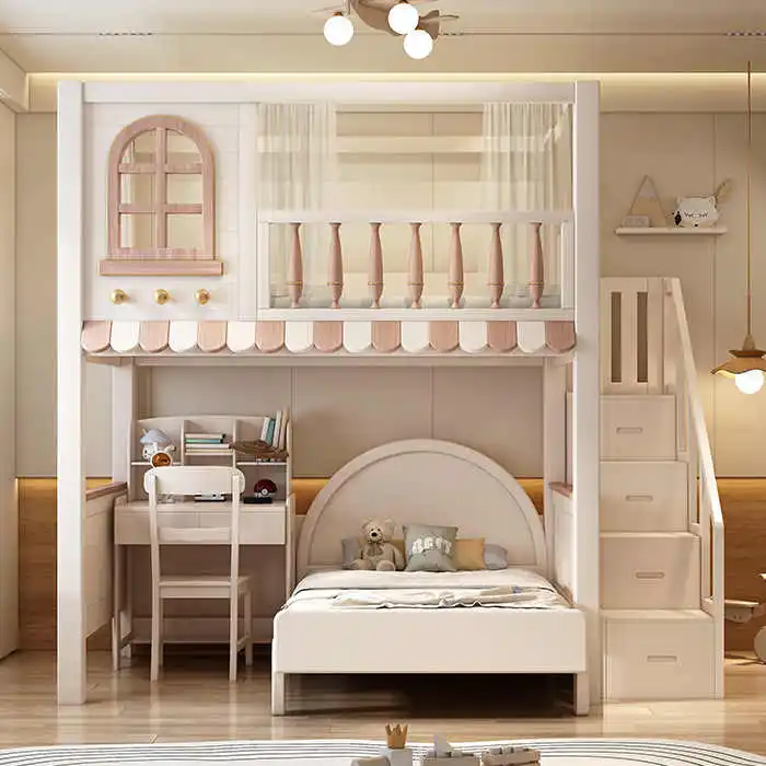 Children's bed with solid wood high guardrail, empty space on top and bottom, bookshelf, desk, integrated bed