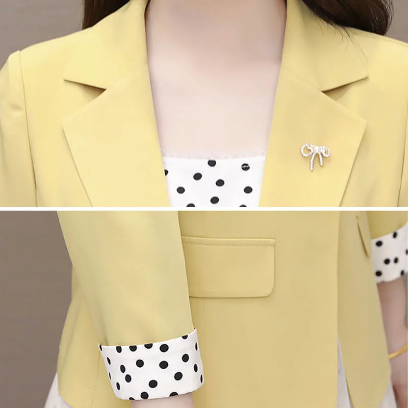 Korean Polka Dot Dress Suits Women Two Piece Set Elegant Three Quarter Sleeve Thin Blazer And Spaghetti Straps Mesh Dress Sets