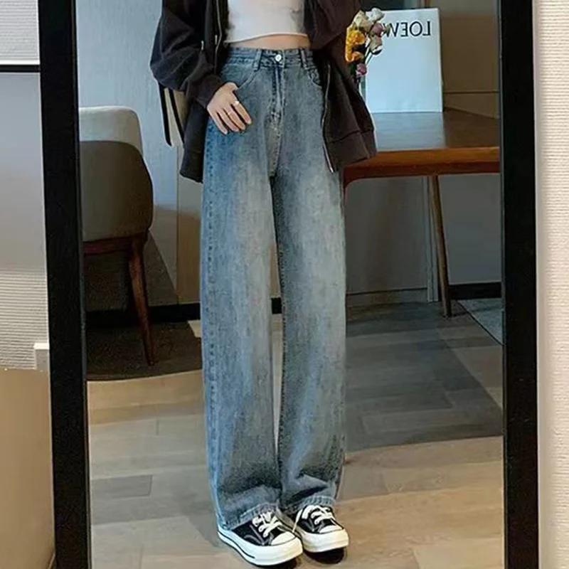 Girls High Waist Loose Fit Thin Jeans Women Ins Fashion Straight Leg Denim Pants Lady Korean Solid Basic Trousers