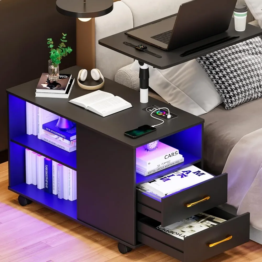 360° LED Nightstand with Wireless Charging Station, Movable Adjustable Bedside Table with Laptop Tray, Auto Sensor Night Stand