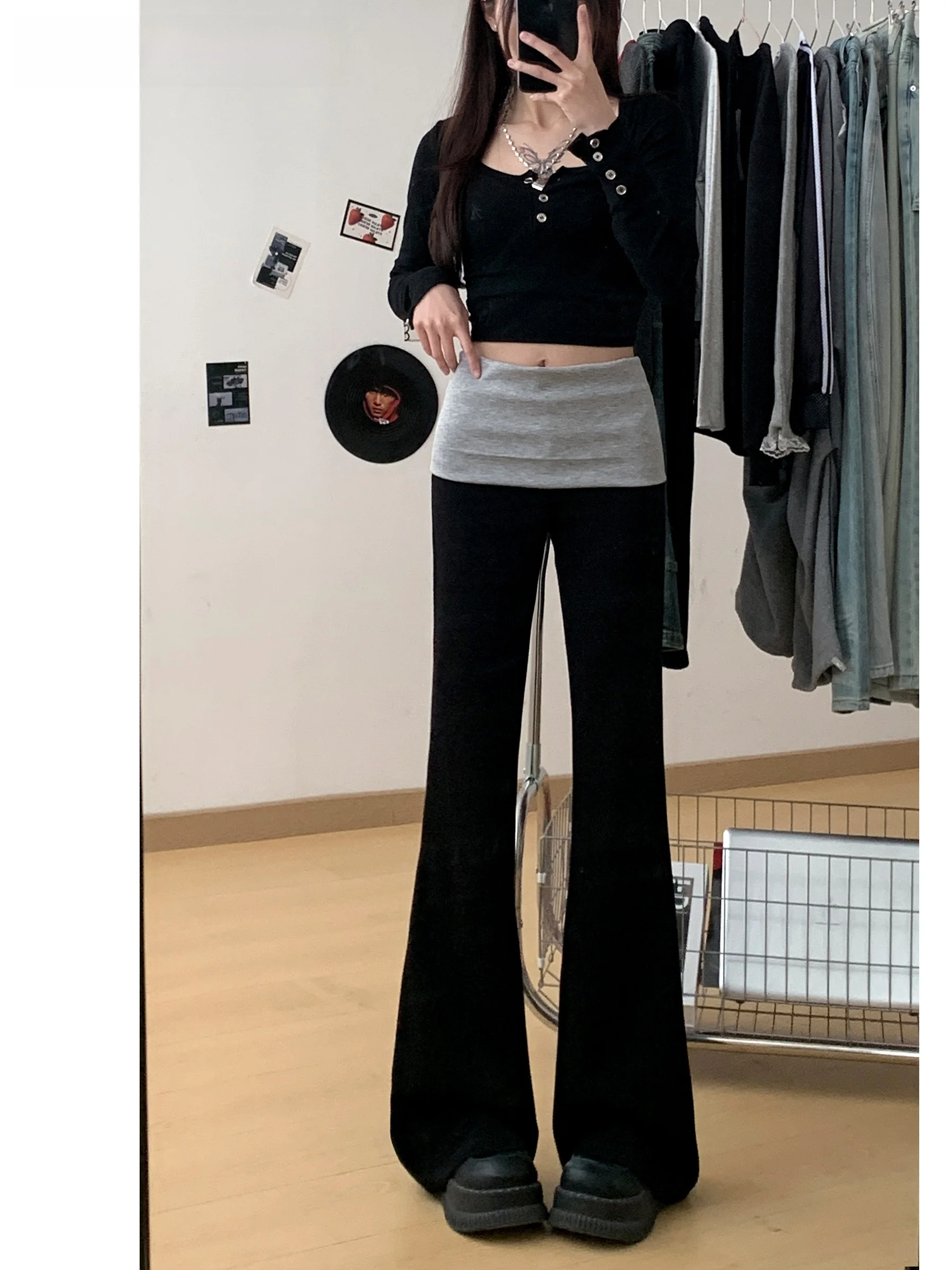 

Bla Splice Fake Two-Piece Yoga Pants Women's Casual Micro Flared Pants Spring Autumn New Korean Sle High Waist Long Pants