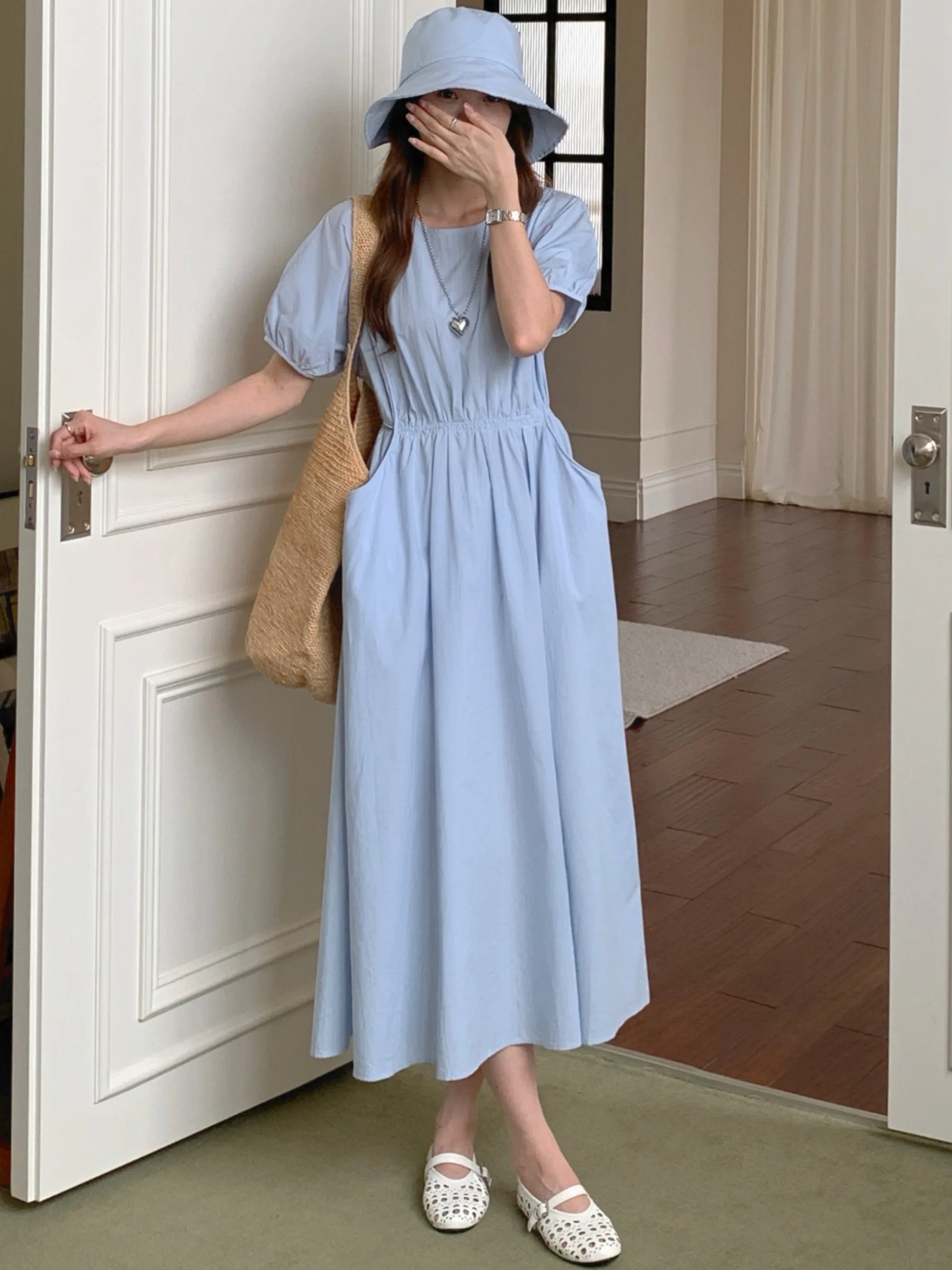 

Корейский Sle Gentle Dstring Double ket Color Summer New Age Reduction Плиссированный Bubble Sve Long Dr для женщин