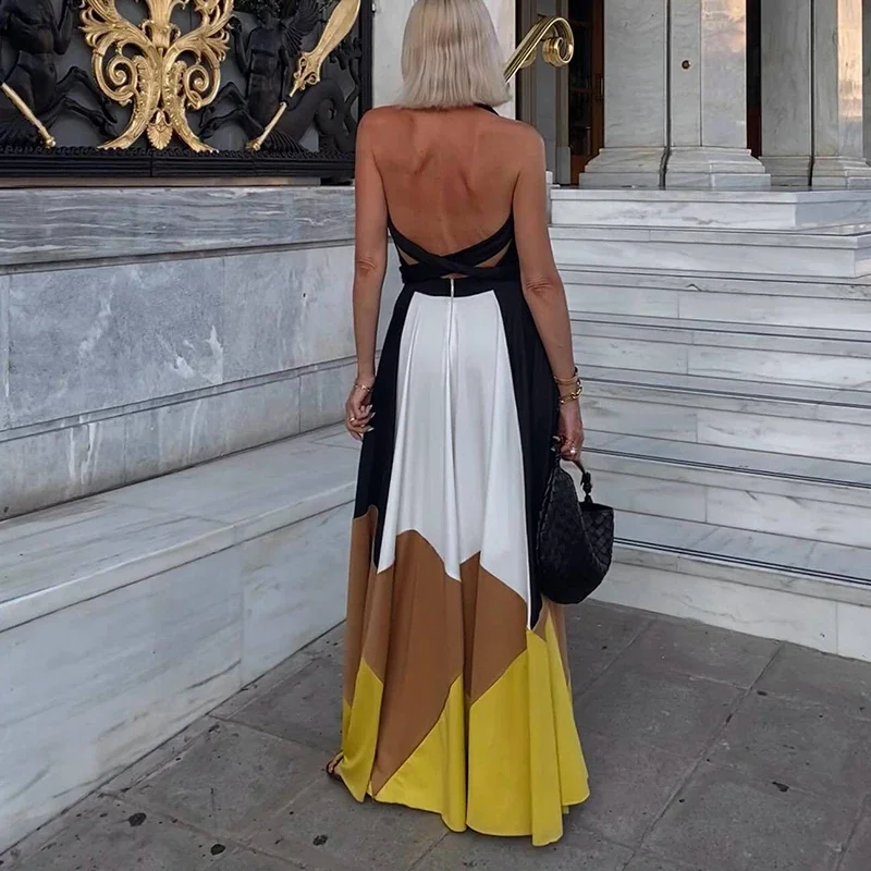 2025 Fashion Colorblocking Straps Long Dress Women Sexy Deep V-neck Backless Bohe Dress Elegant Lace-up Hollow Swing Party Dress