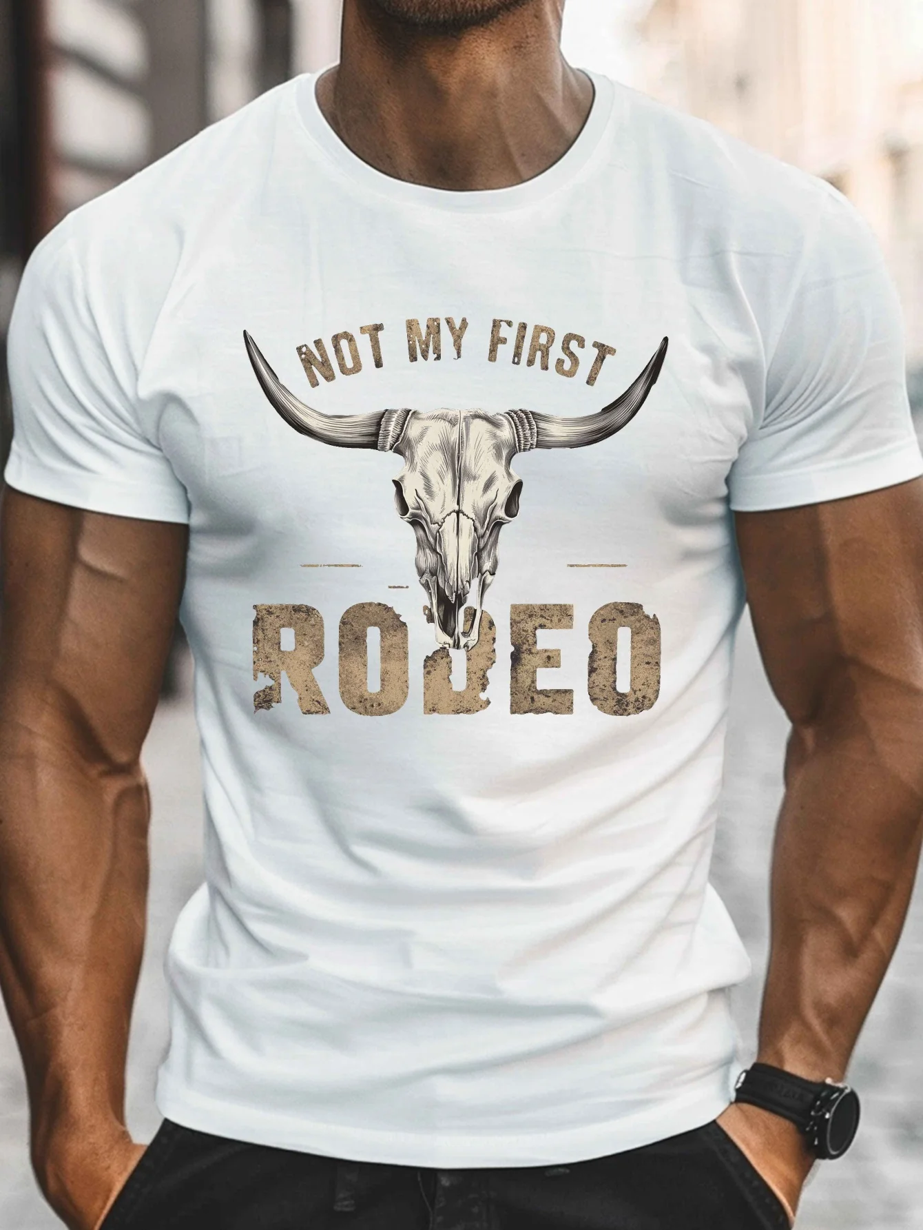 

Men's "Not My First Rodeo" Graphic Tee - Royal Blue Casual Crew Neck Short Sleeve T-Shirt