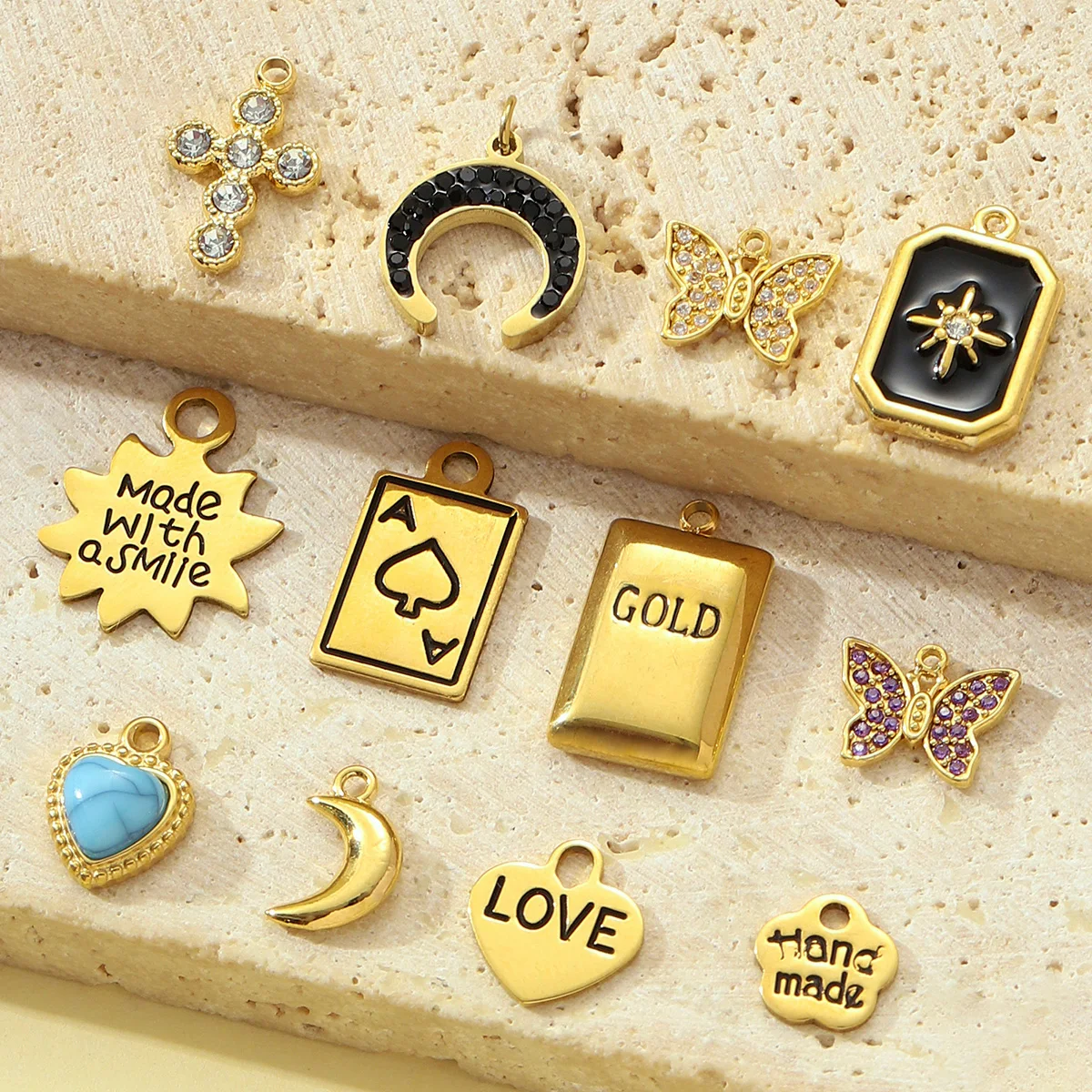 3pcs/Lot French Retro Stainless Steel Poker Cross Necklace Pendant Women Butterfly Crescent Moon DIY Charms Love Heart Jewelry