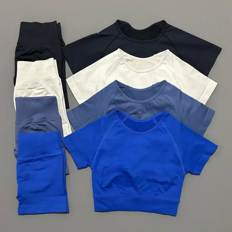 

2Pcs Women Workout Sets Impact Slim Short-Sleeve Top High Waist Leggings Sports Suit Female Yoga Running Gym Active Wear