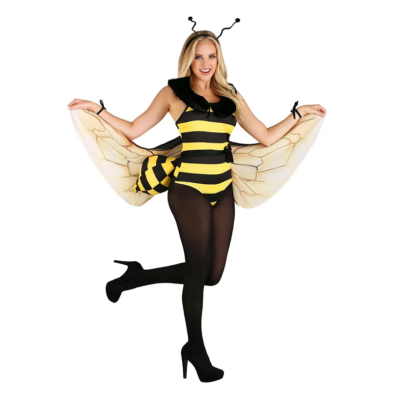 Beauty Backless Honeybee Bodysuit Fancy Dress Up Bumble Bee Sexy Halloween Costume for Women