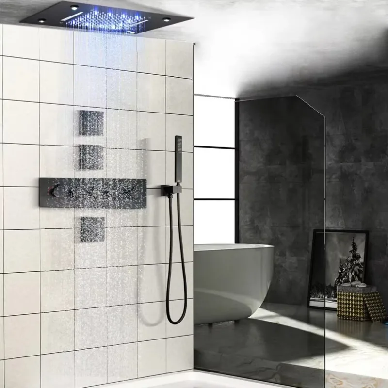 Robinet de douche à Diode électroluminescente, noir mat, ensemble de douche thermostatique à haut débit, plafond caché, pomme de douche à cascade de pluie lourde