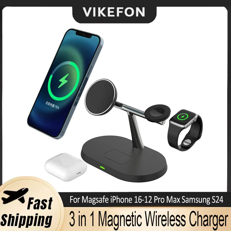 3 in 1 Magnetic Wireless Charger Dock For Magsafe iPhone 16-12 Pro Max Samsung S24 Apple/Galaxy Watc