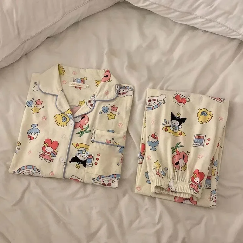 Miniso New Sleepwear Set Kuromi Pochacco Cute Pattern Home Clothes Fashion Long Sleeve Tops Pants Two-Piece Set Woman Pajama