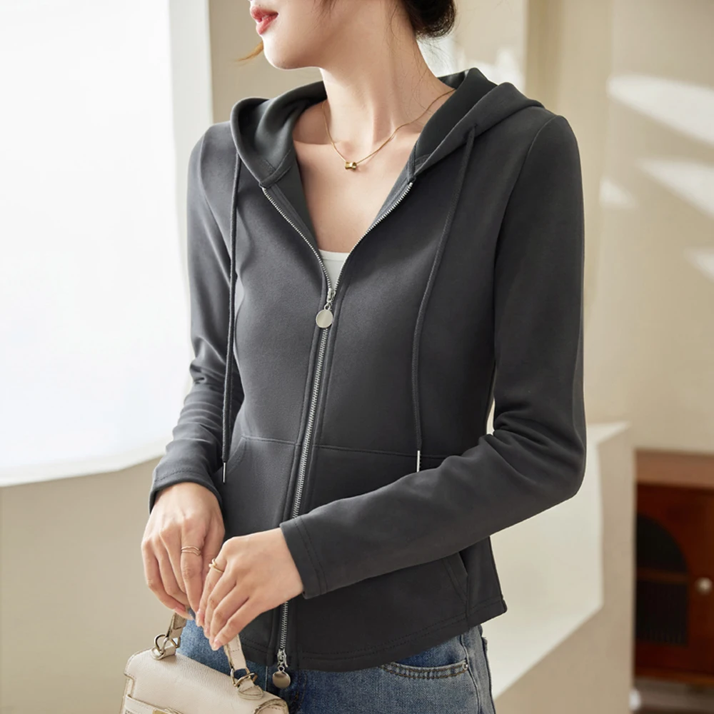 سترة نسائية خريفية جديدة بأكمام طويلة باللون الرمادي الداكن على الطراز الكوري من القطن الراقية مقاس كبير مع قلنسوة وسحاب مزدوج #3