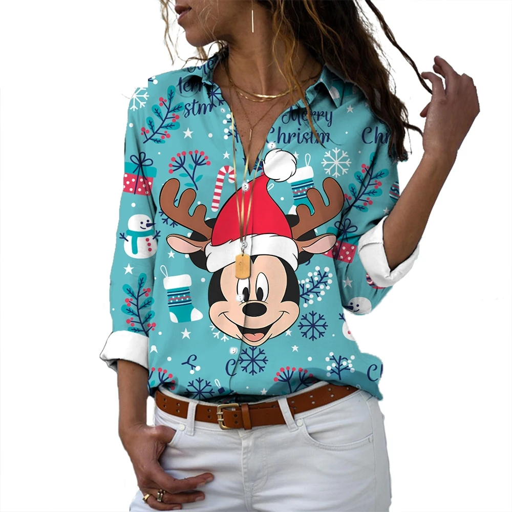 

Disney Minnie Cartoon Pattern Print Fashion New Street Harajuku Men Women Long Sleeve Shirt Lapel Cute Casual Shirt