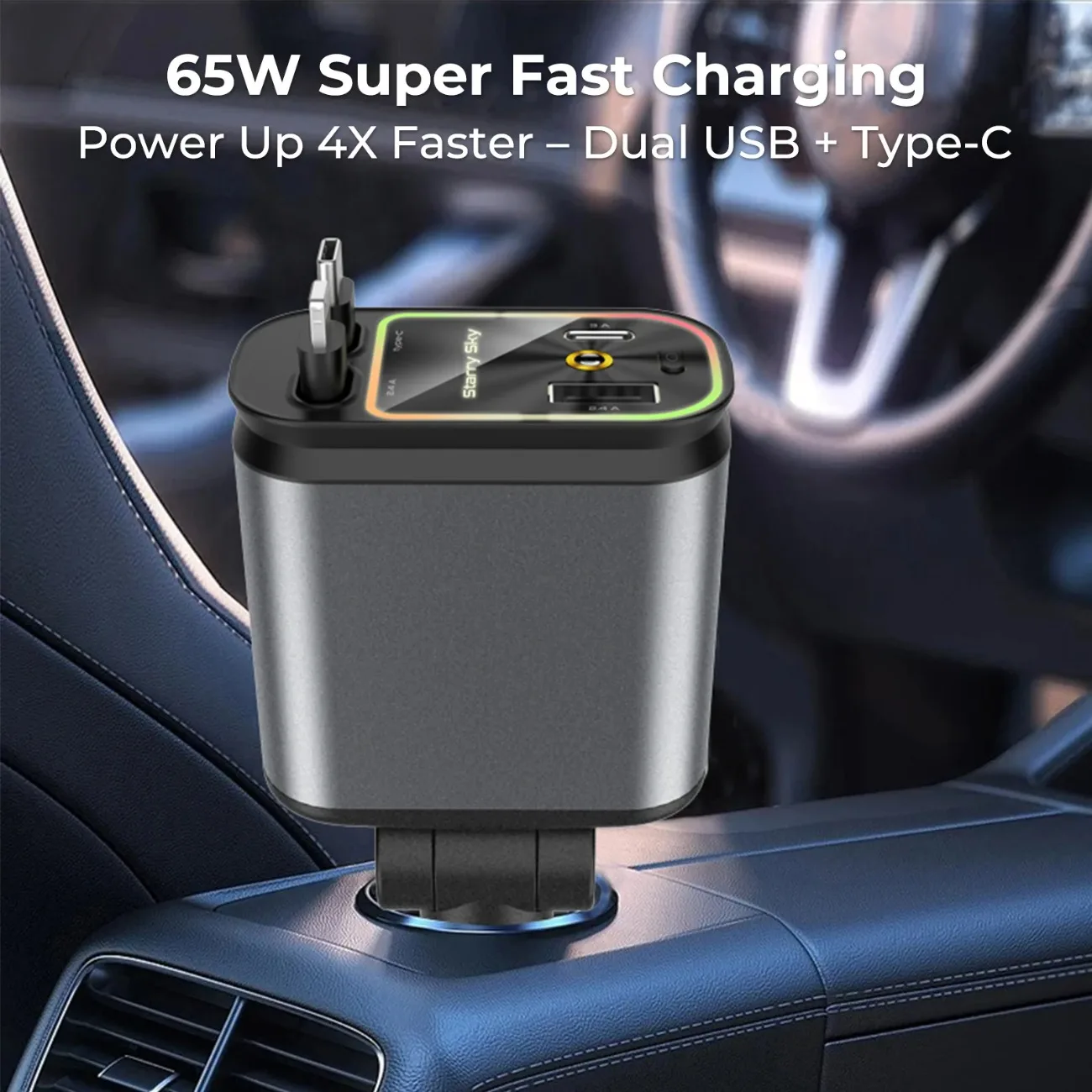 

4-in-1 Universal Car Phone Charger with Cables USB/Type-C/For IOS Port Retractable For Tesla For Honda For BMV For VW Interior