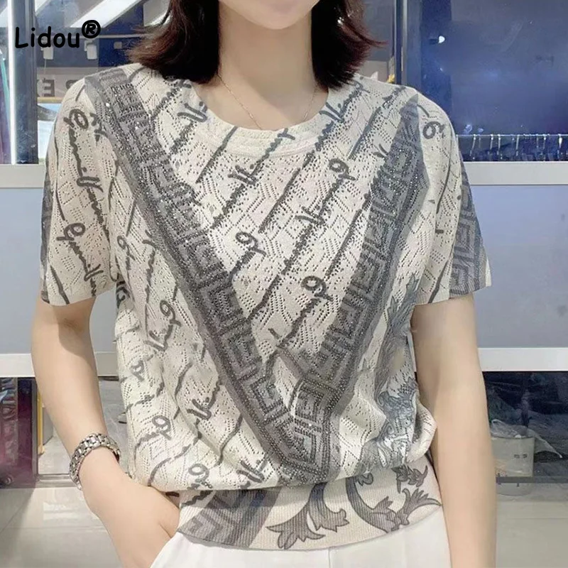 

Summer New Women's Clothing Fashion O-Neck Printing DyeingTops Hot Pressing Diamond Ice Silk Loose Fitting Short Sleeve T-Shirt