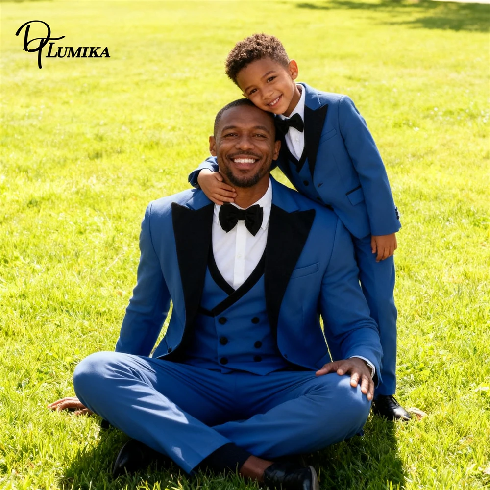 

Flannel Collar 4-Piece Suit for Father & Son, Jacket Vest Pants Bowtie Communion Wedding Guest Award Ceremony Frmal Tuxedo Men