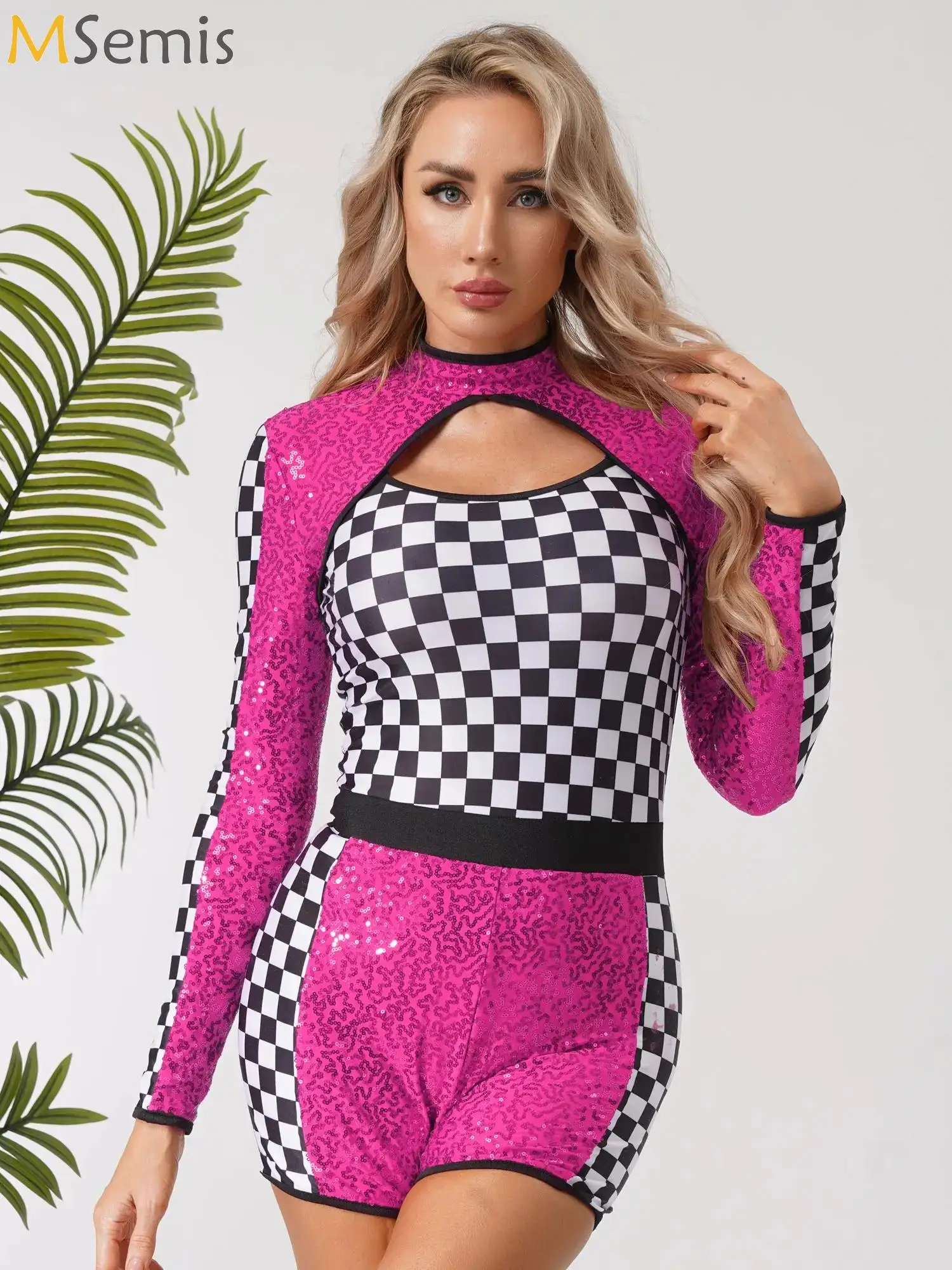 

Women Racing Driver Role-Playing Costume Cutout Front Back Long Sleeve Shiny Sequins Checkerboard Jumpsuit Halloween Dancewear