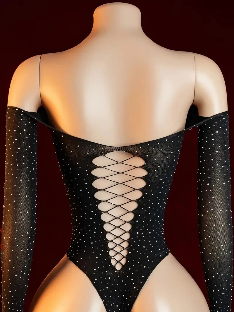 2026 Latest One Piece Off Shoulder Sexy Lace Mesh Transparent Jumpsuit Women's High Waist Elastic Long Sleeve Underwear Set image 5