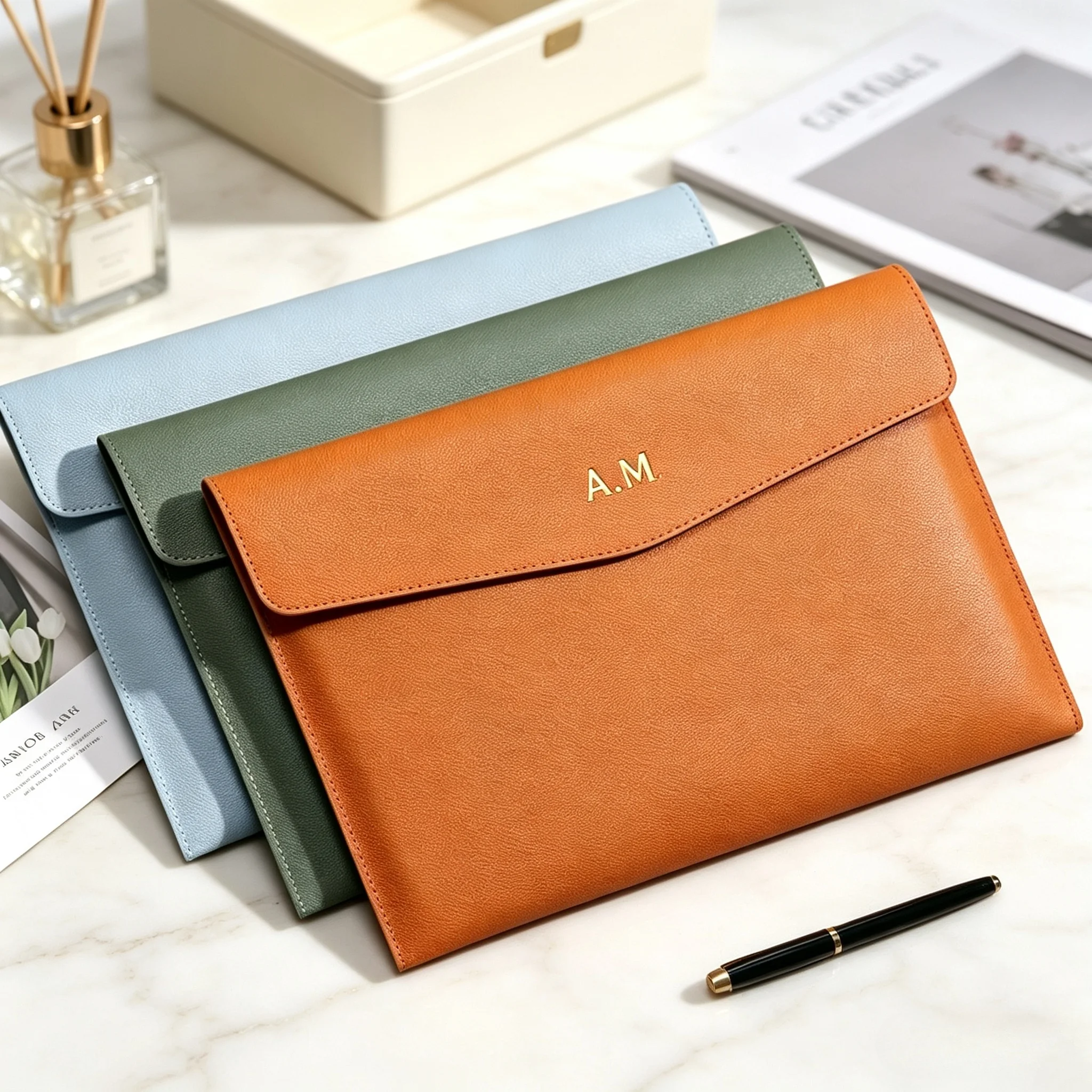 Personalized Name Initials A4 Premium leather file bags for letters, official document bags, bags, business office storage bags