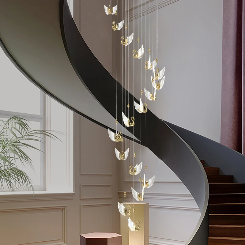 

The chandelier of the staircase is modern, simple, light luxury, high-end personality, swan creative villa, duplex restaurant, a