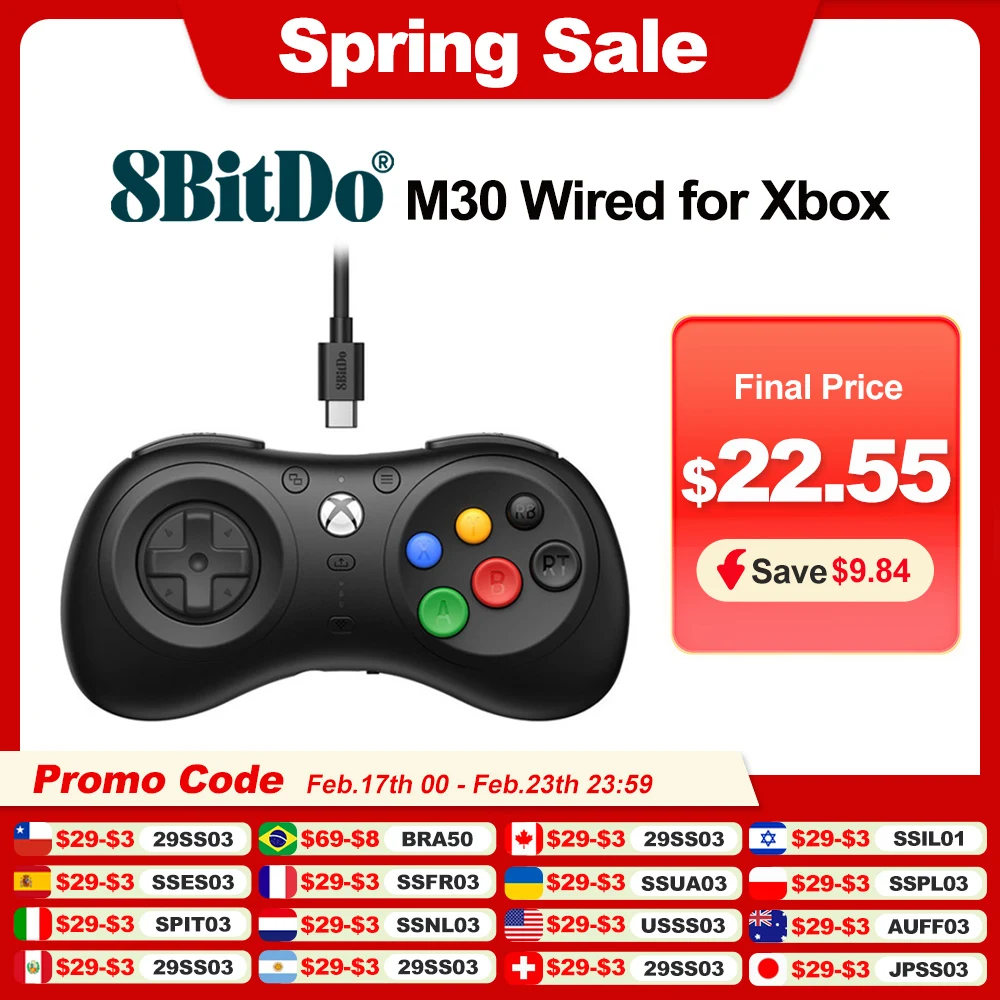 8bitdo mando de juegos con cable M30, Gamepad para Xbox One Series X S y Windows PCwith, diseño de 6 botones, Xbox con licencia oficial