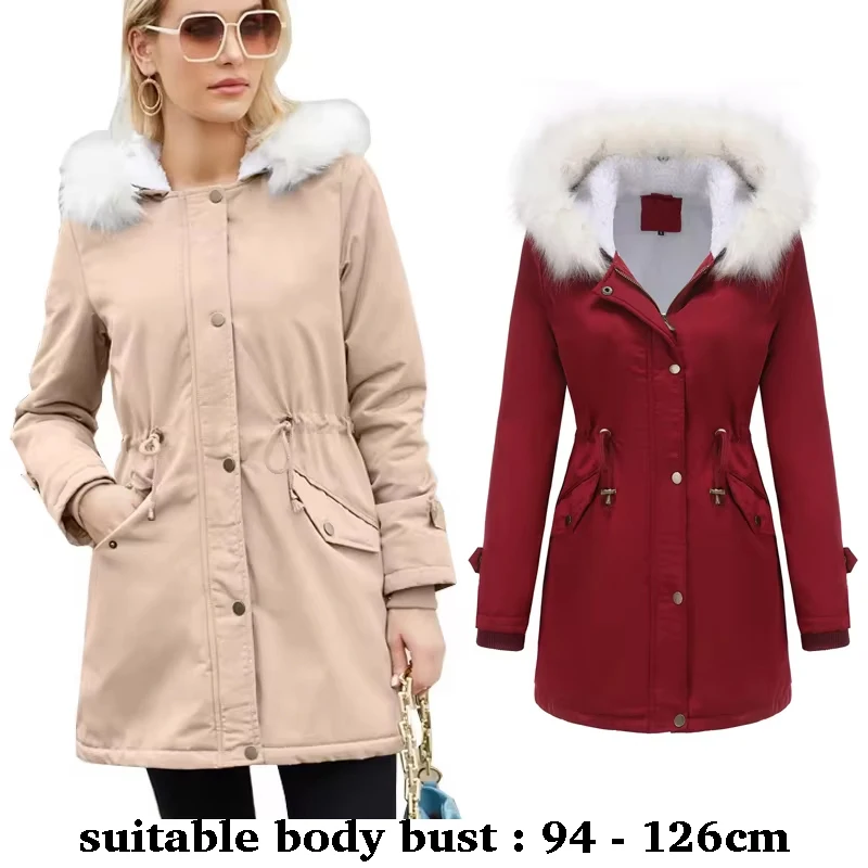 

High quality faux fur hooded trench coat for women big size plush lining new winter 2025 casual clothes - black pink beige