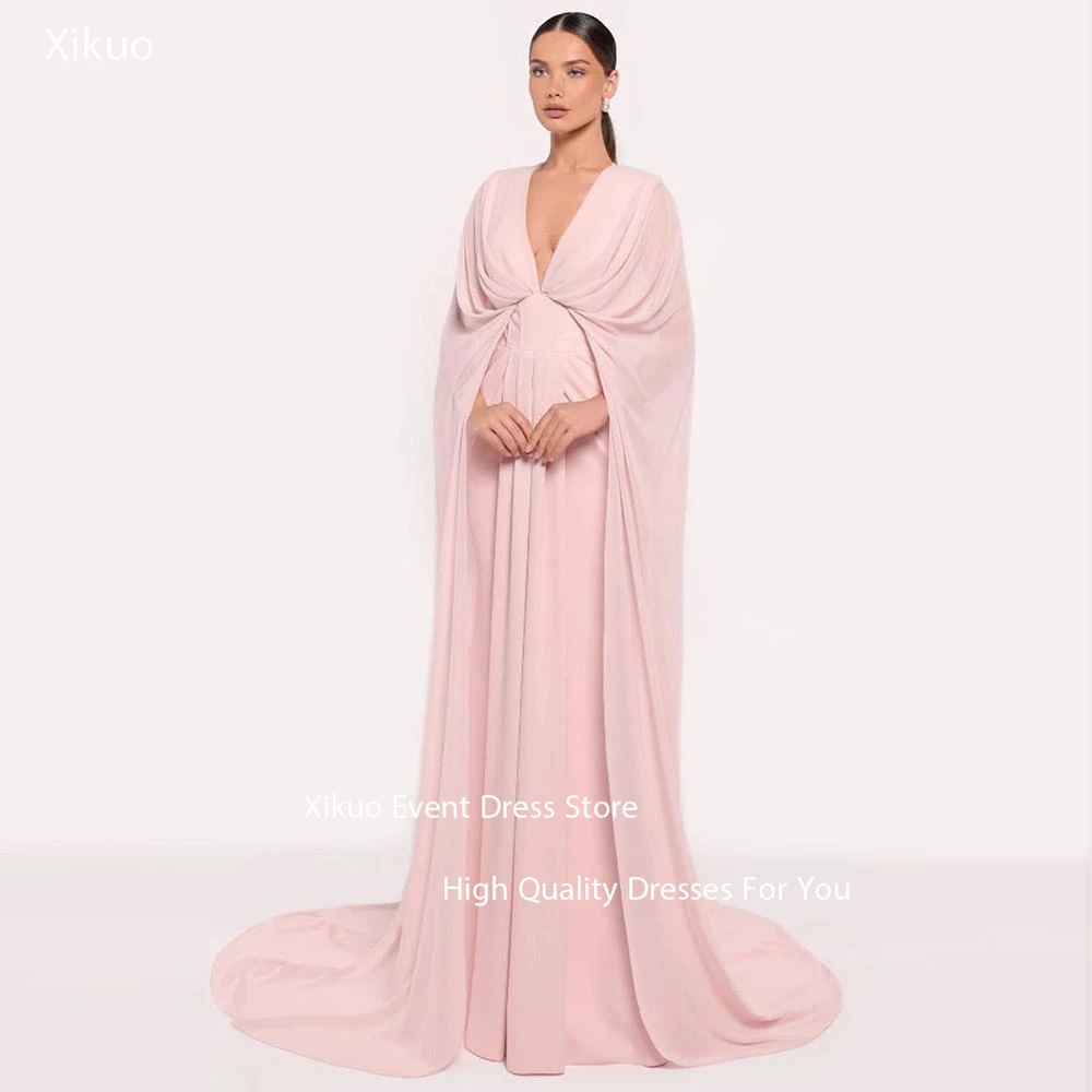 Xikuo Sexy Pink Dreamy Evening Dresses Deep V Neck Maxi Special Occasion Prom Dress Chiffon Vestidos De Fiesta Mujer Customized