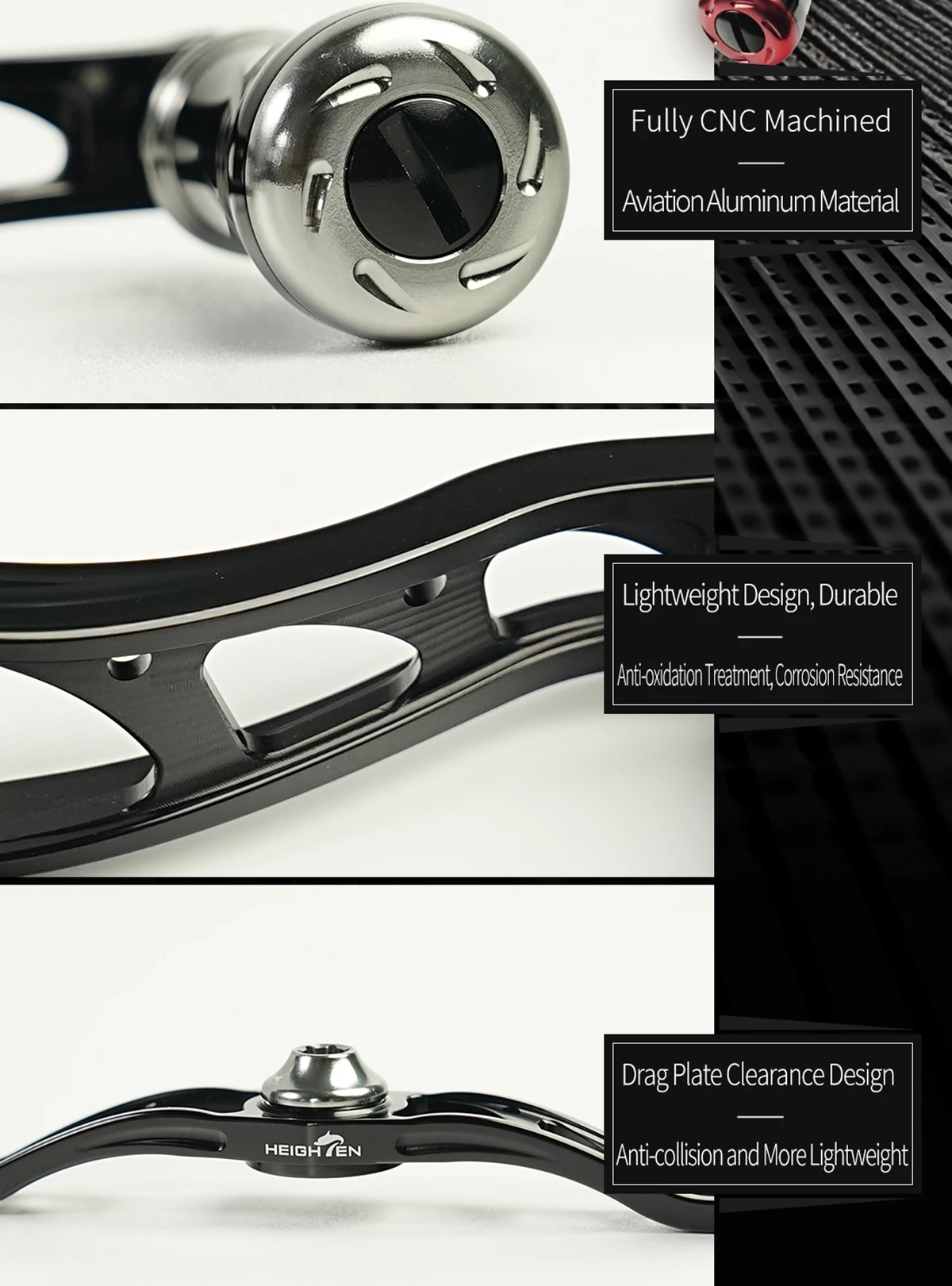 HEIGHTEN Baitcaster Aluminium-Griffrolle 90/105mm Achse aus Luftfahrt-Aluminium mit 20mm Knopf für Angelzubehör – Detail 4