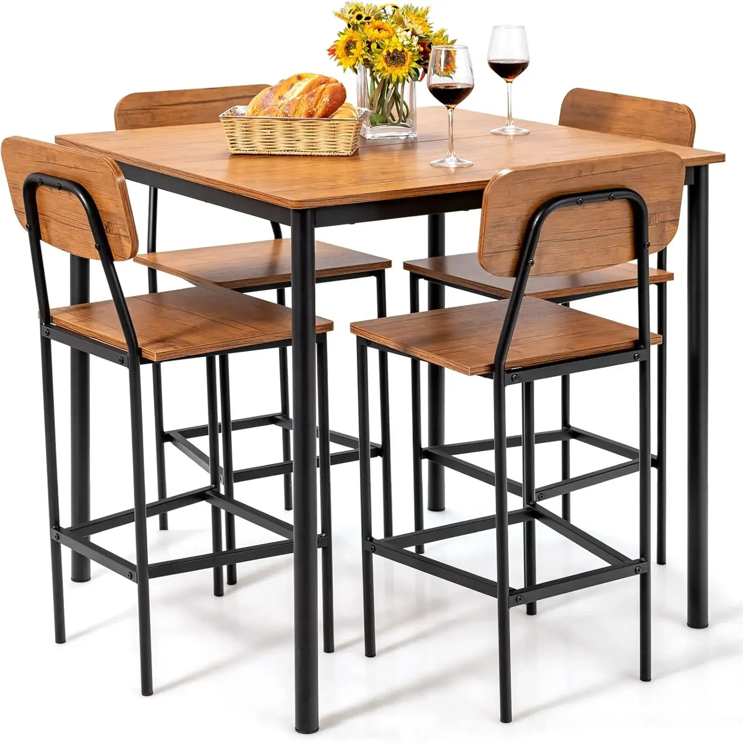 5-Piece Dining Table Set W/Counter Height Table & 4 Bar Stools, Industrial Kitchen Dining Table Set W/Footrest & Backres