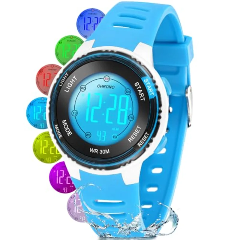 Socico Colorful Children Seven Lights Watches Sport Students Digital Watch For Kids Waterproof Electronic Watch Shock Resist
