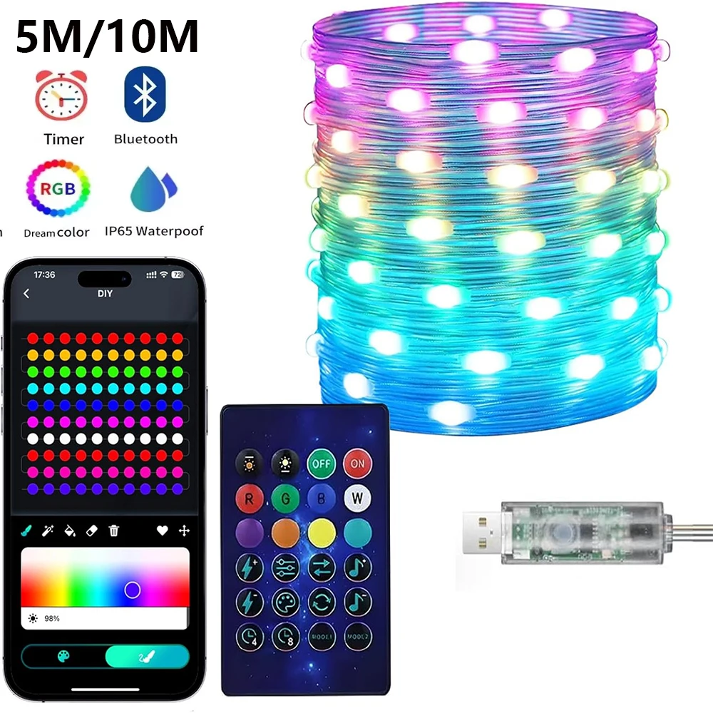 5m 10m usb led string luz rgb led string bluetooth luzes de fadas dreamcolor rgbic festa luz natal casamento roon decoração