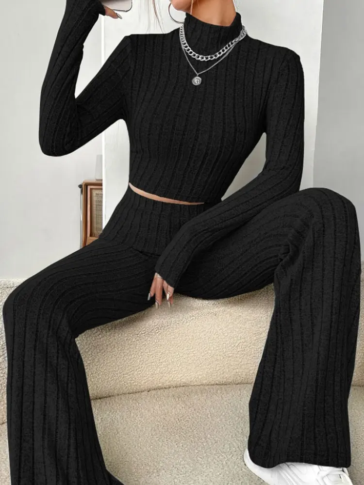 Women\'S Stand Collar Knit Striped Long Sleeve T-Shirt And Pants Two Piece Set