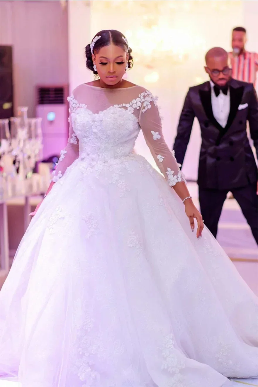 Vestido De novia personalizado con apliques De encaje, Vestido De Casamento 2025, corte en A africano, manga larga 3/4, Vestido De novia De talla grande