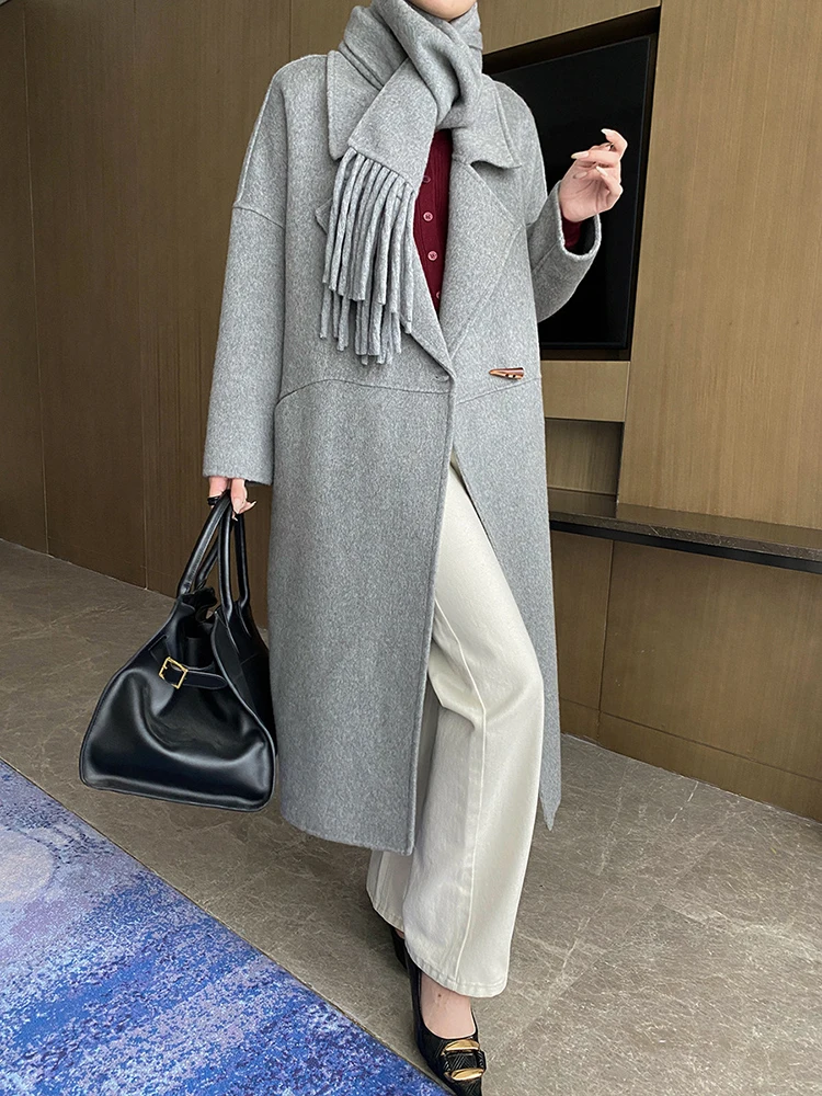 Beige With Scarf Big Size Long Woolen Coat New Lapel Long Sleeve Women Jacket Fashion Tide Autumn Winter