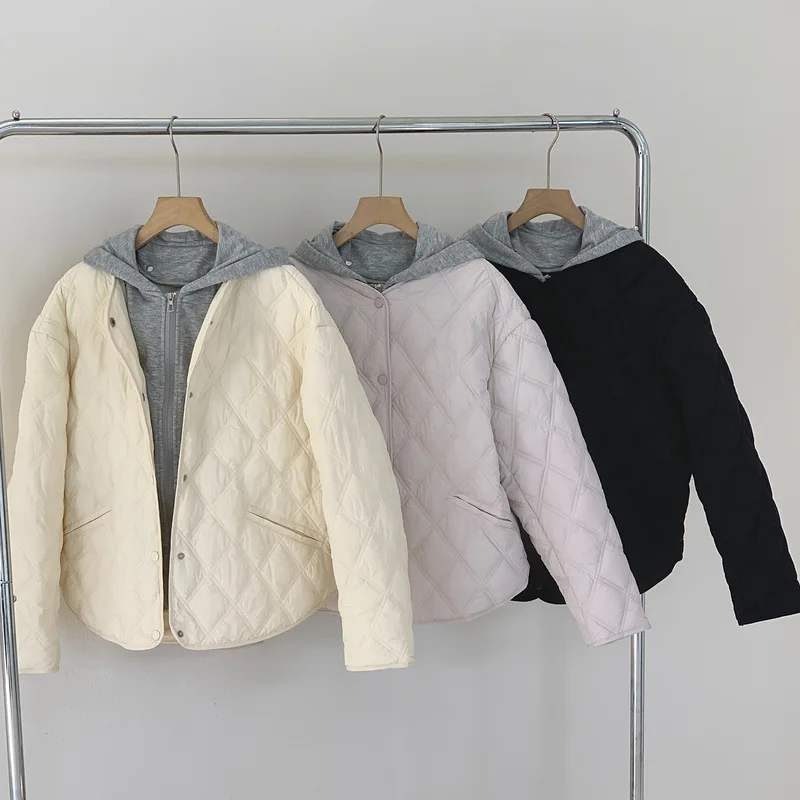 

Women Fake Two Pieces Winter Parkas Clothes Thick Down Cotton Jacket Casual Short Wool Liner Two Sides Wear Hooded Coat Outwear