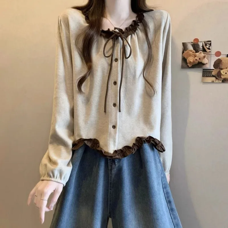 Women Ruffle Neck Tie Long Sleeve Blouse Button Front Loose Cropped Casual Shirt