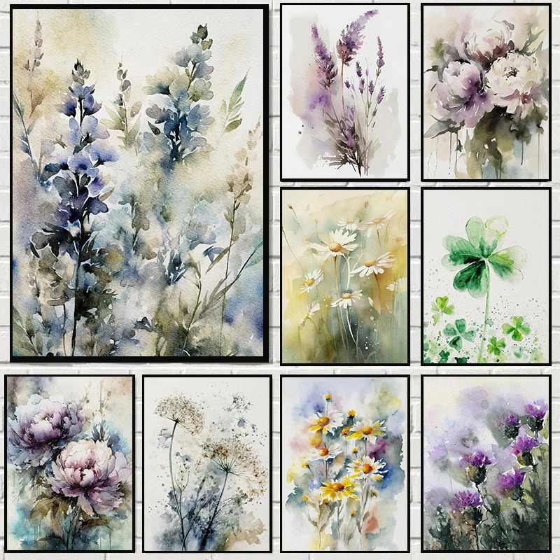 Watercolor Meadow Wildflowers Poster Diamond Painting Daisy Thistle Forget-me-not Daffodil Wall Art Picture Office Home Decor