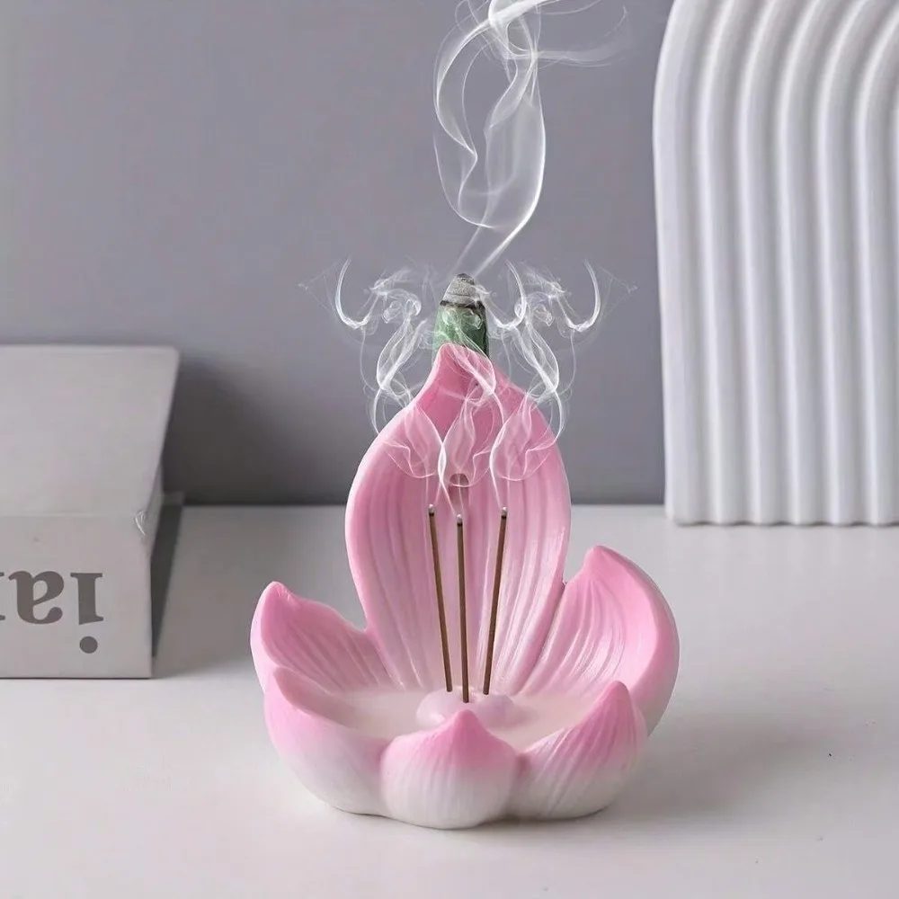 Zen Chinese Style Lotus Incense Burner Resin 3 Hole Lotus Censer Holder Sleep Aid Lotus Ornament Lotus Tabletop Incense Base Spa