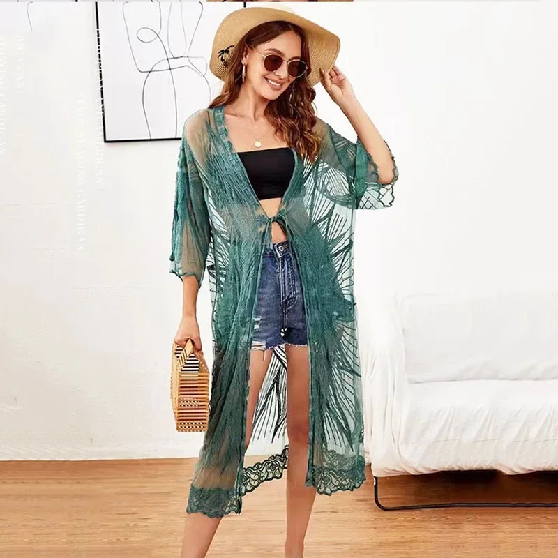 Lace Embroidered Beach Blouse Sexy Cardigan Loose Sunscreen Suit Bikini Blouse Women's Beach Holiday Spring and Summer Green