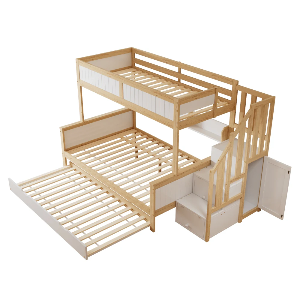 PINGGO Etagenbett 90x200/90x190/120x200cm mit Fallschutzgitter, 3-stöckiges Rollbett mit Kleiderschrank und Eck-Treppe, ohne Matratze – Detail 14